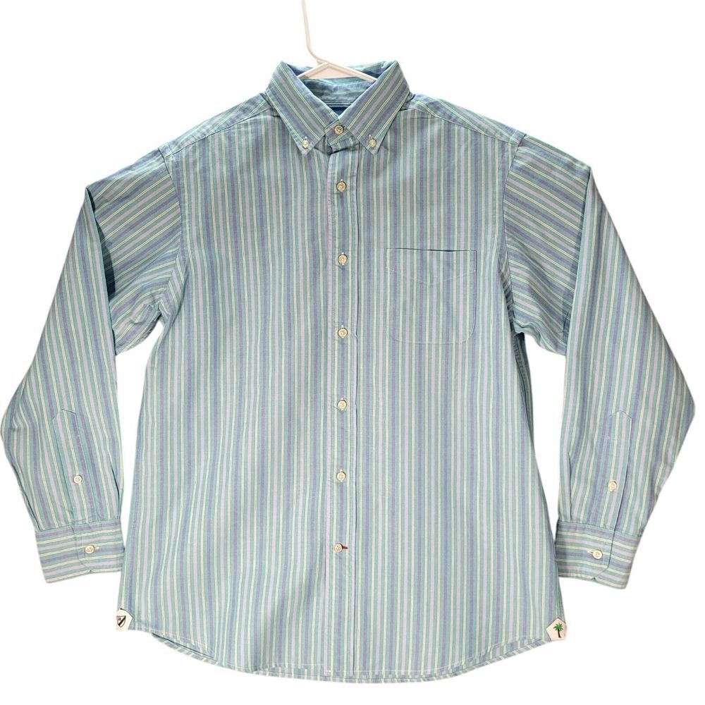 Cremieux Mens Purple Pink Teal Striped Cotton Dress Button Down Shirt Medium